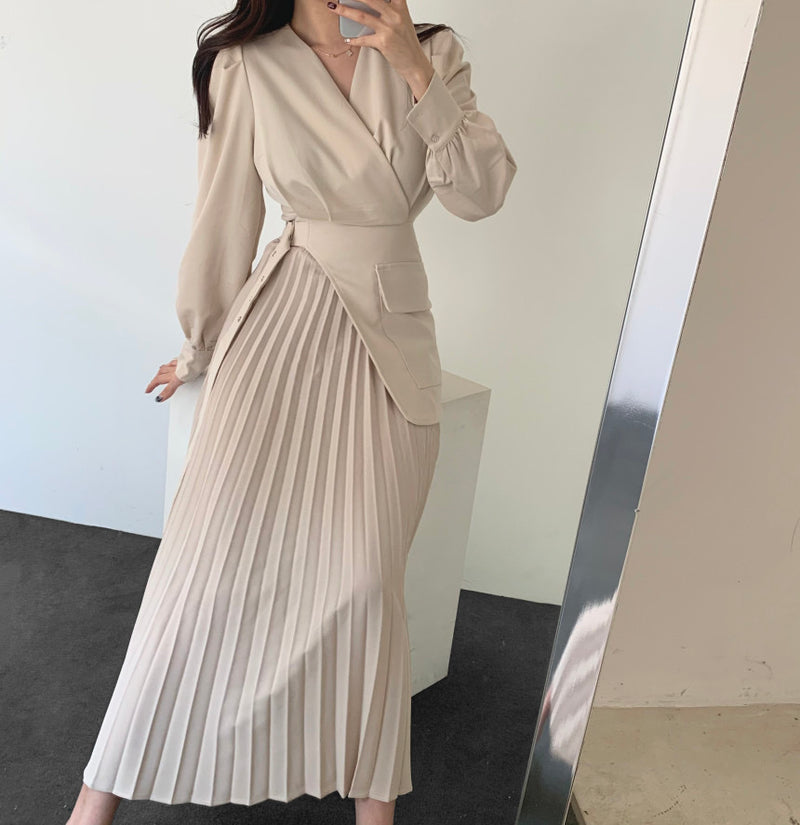 Designer OL One Piece Pleated Suit Dress