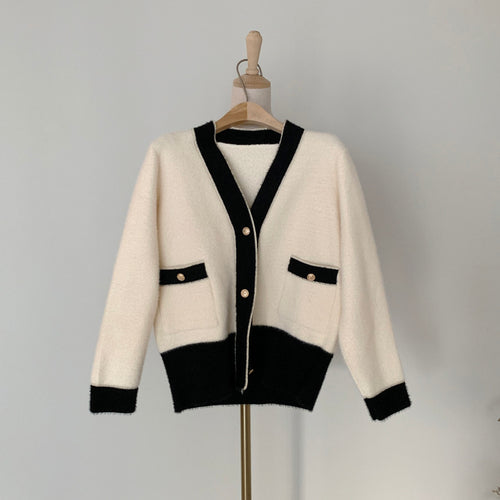 Classic Black and Beige Knitted Cardigan