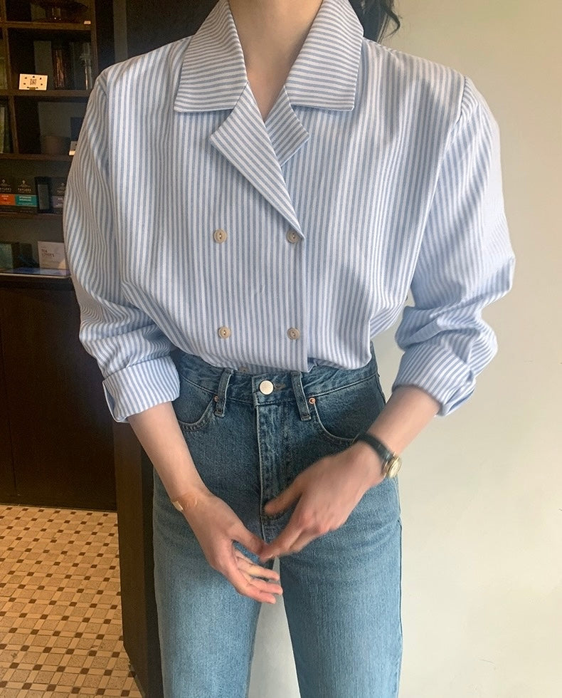 Blue Stripe Double Breasted Cotton Blouse