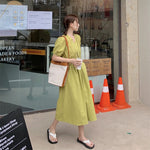 Matcha Green / Beige V-Neck Belted Dress with Pockets