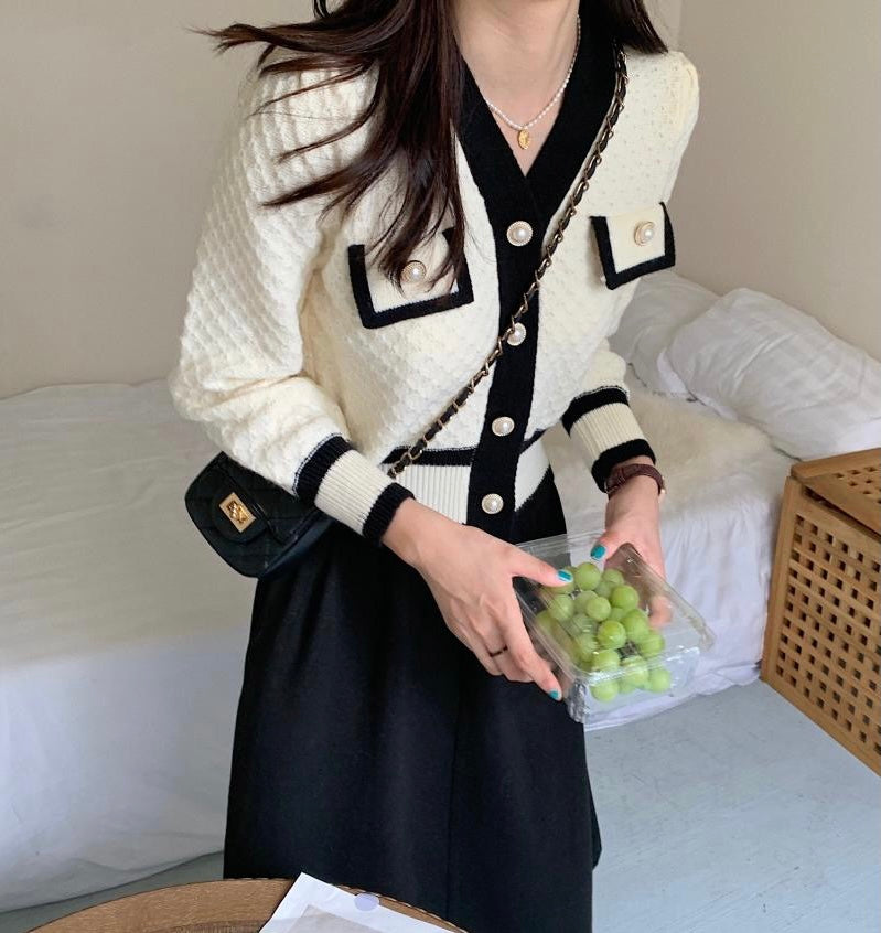 Color Contrast Diamond Knit Cardigan