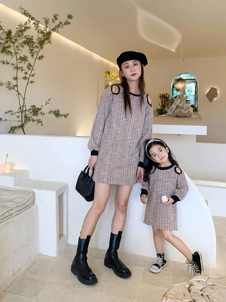 Mom & Daughter ♡ Cotton Tweed Cut-Out Shoulder Dress