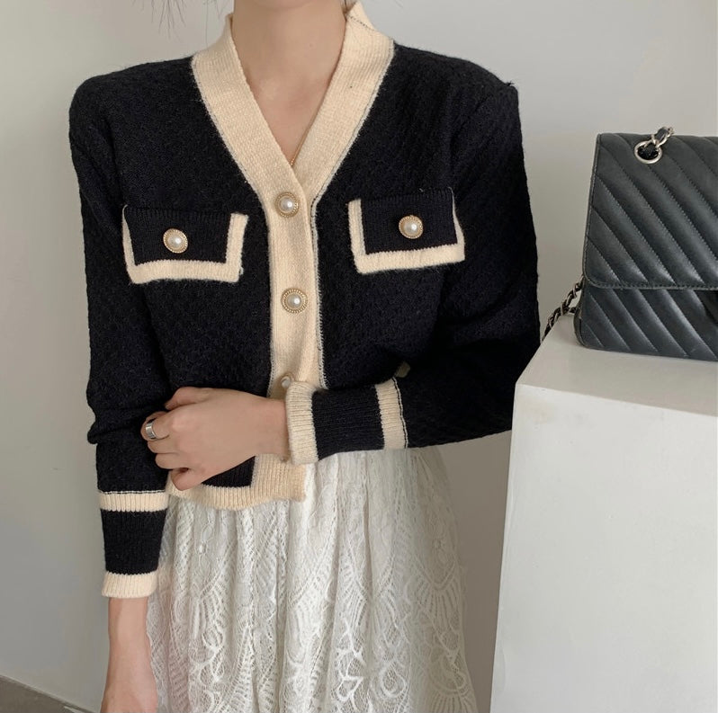 Color Contrast Diamond Knit Cardigan