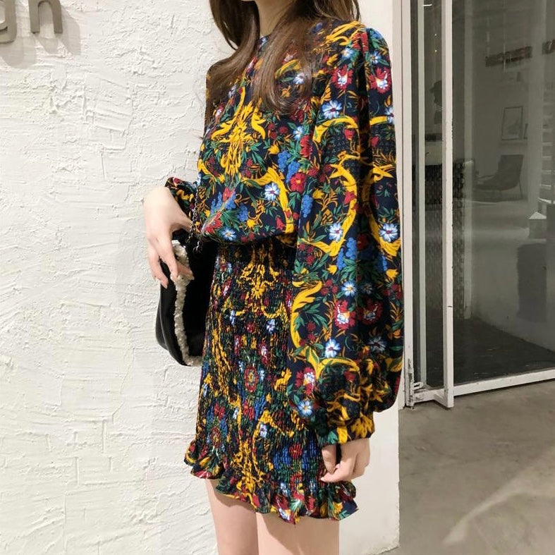 Floral Print Long Sleeve Smocked Dress