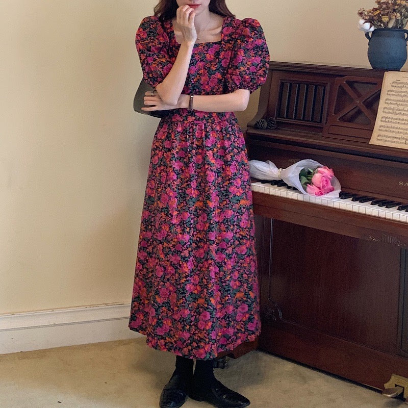 Square Neck Fuchsia Midi Floral dress