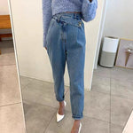 Designer High-Rise Asymmetrical Side Buttons Denim Pants