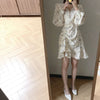 Floral V-Neck Side Drawstring Long Sleeve Dress