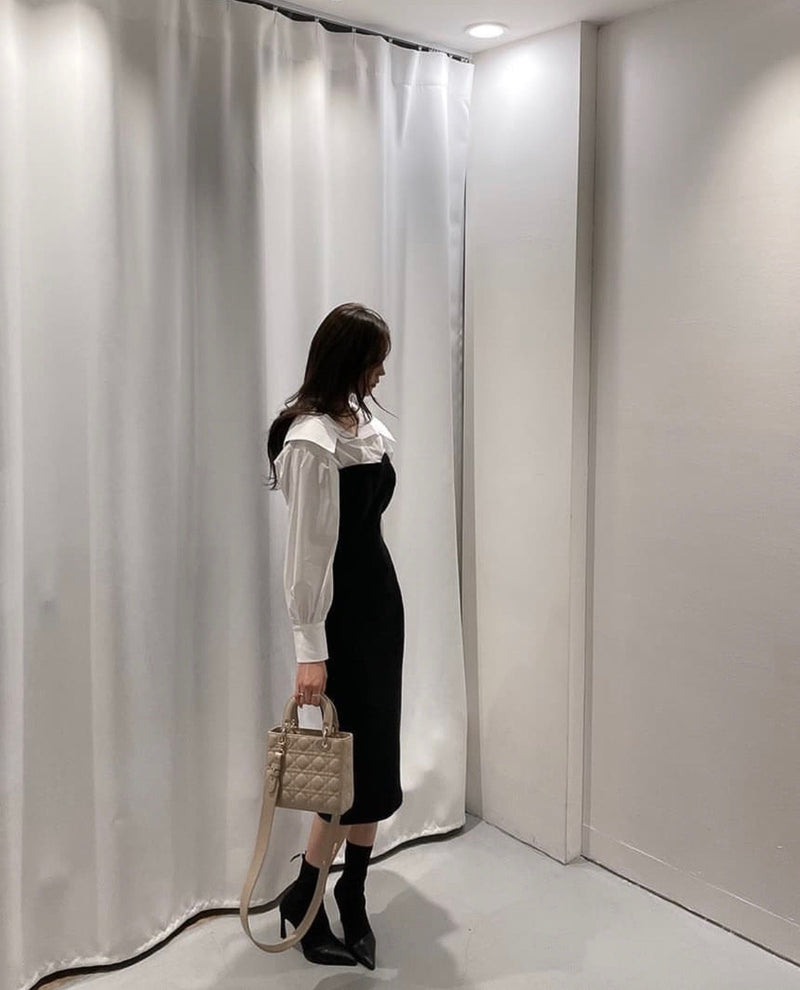 Black & White Shirt Collar Spliced Knitted Bodycon Dress MyDearCloset Black & White Shirt Collar Spliced Knitted Bodycon Dress MyDearCloset
