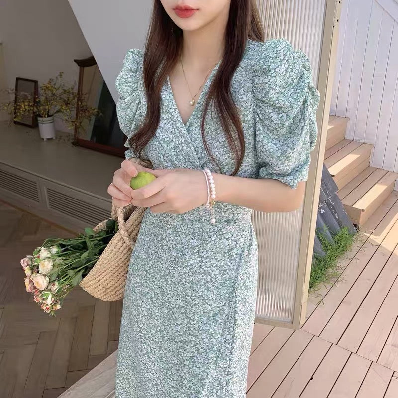 Korean Style Floral Printed V-Neck Wrap Dress