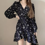 Floral V-Neck Side Drawstring Long Sleeve Dress