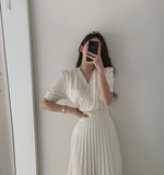 Short Sleeve V-Neck High Waist Pleated Midi Dress