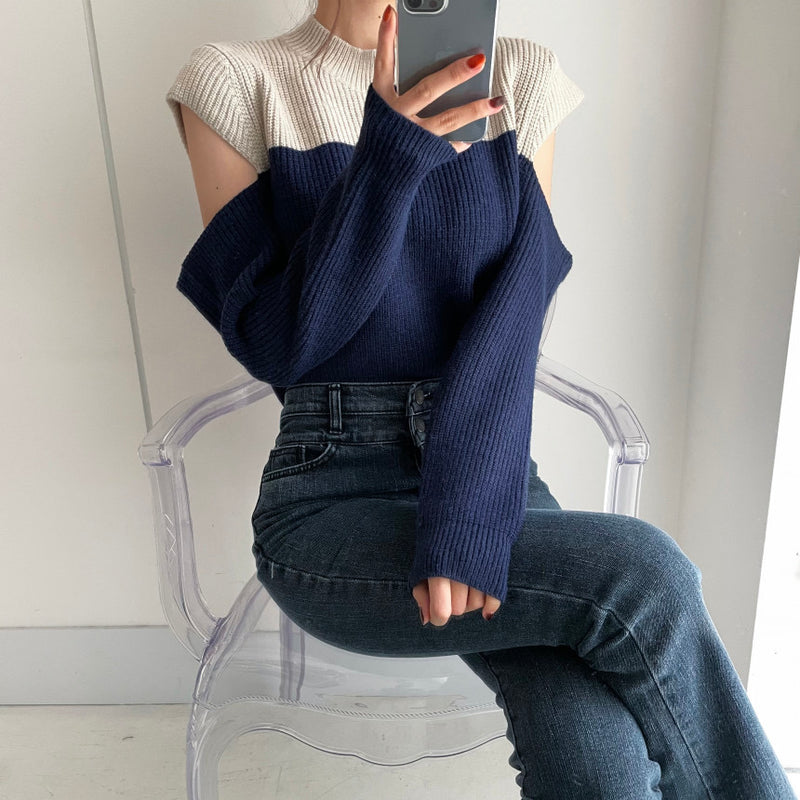 Color Block Cold Shoulder Mock Neck Knitted Sweater