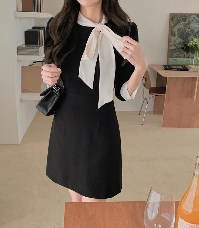 Classic Tie Neck Black Mini Dress