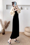 Black Velvet Dress with Organza Puffed Sleeves