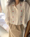 Long Sleeve Round Neck Pleated Cotton Blouse with Flower Embroidery