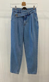 Designer High-Rise Asymmetrical Side Buttons Denim Pants