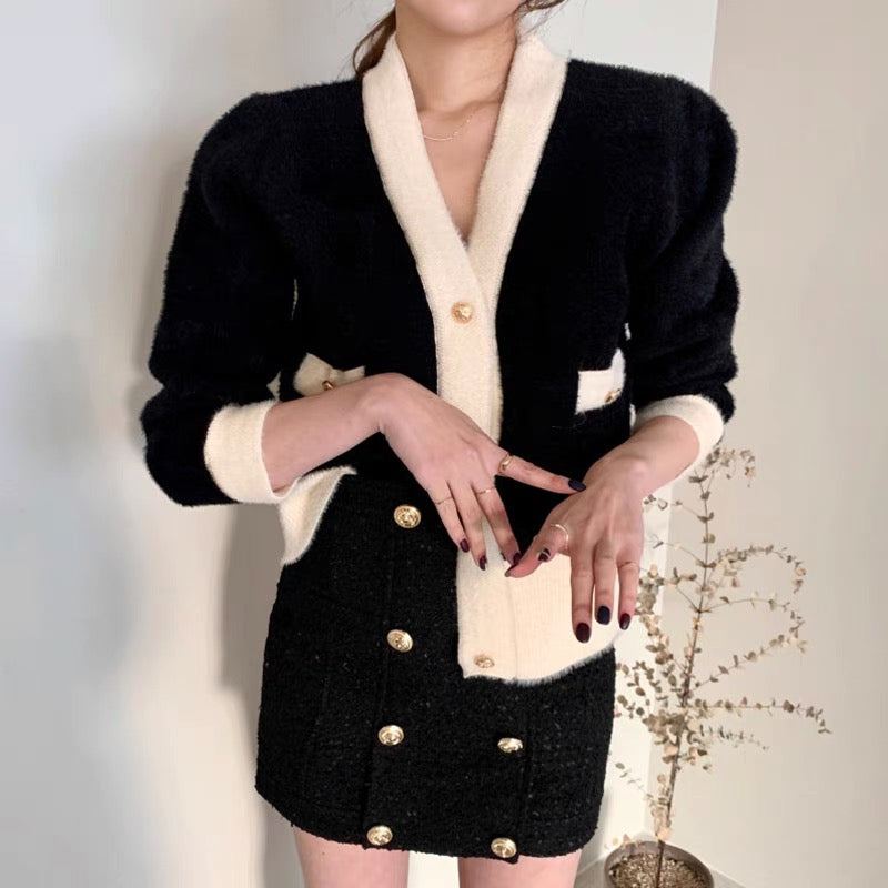 Classic Black and Beige Knitted Cardigan