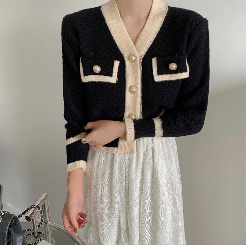 Color Contrast Diamond Knit Cardigan