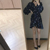 Floral V-Neck Side Drawstring Long Sleeve Dress