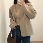 Minimalist Collarless Wool Blend Coat with Belt