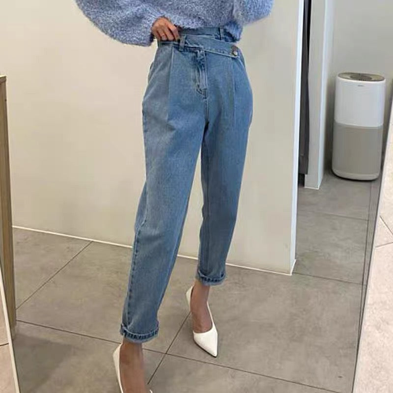 Designer High-Rise Asymmetrical Side Buttons Denim Pants