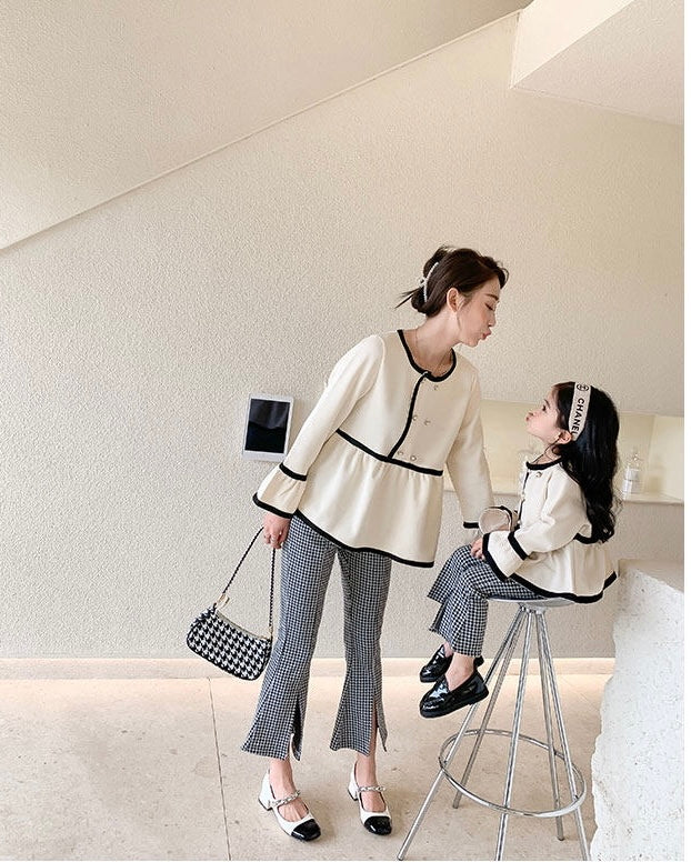 Mom & Daughter ♡ White Peplum Top with Houndstooth Pattern Pants Set