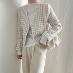 V-Neck Collarless Plaided Tweed Jacket