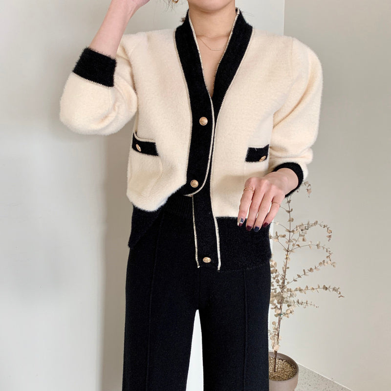 Classic Black and Beige Knitted Cardigan