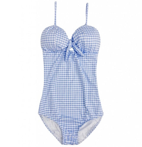 Front Tie Checked Blue / Yellow One Piece Swimsuit