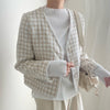 V-Neck Collarless Plaided Tweed Jacket