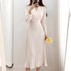 Long Sleeve Belted Pleated Chiffon Midi Dress