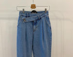 Designer High-Rise Asymmetrical Side Buttons Denim Pants