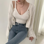 Korean Style V-Neck Long Sleeve Cardigan Set