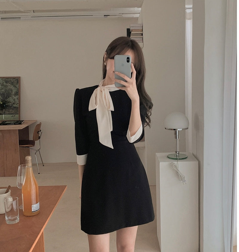 Classic Tie Neck Black Mini Dress