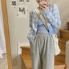 Casual Knitted Blue Grids Cardigan with Knitted Vest Set