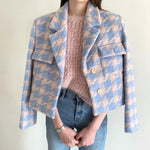 Designer Bubble Gum Houndstooth Cropped Tweed Blazer