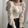 Cotton Knit Square Neck Puffed Sleeve Top