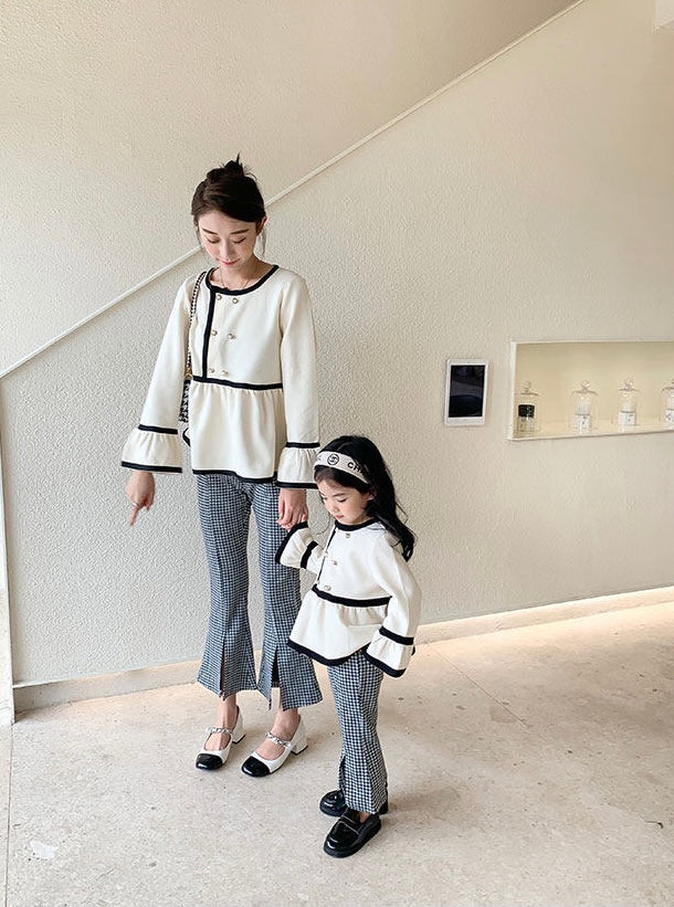 Mom & Daughter ♡ White Peplum Top with Houndstooth Pattern Pants Set