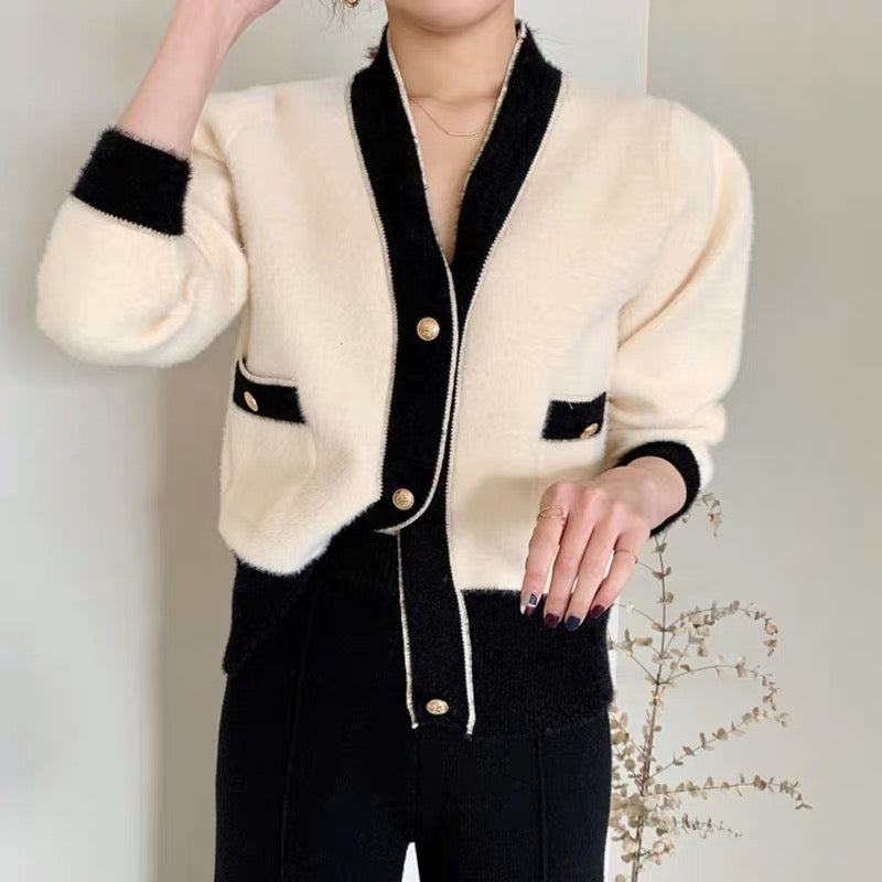 Classic Black and Beige Knitted Cardigan