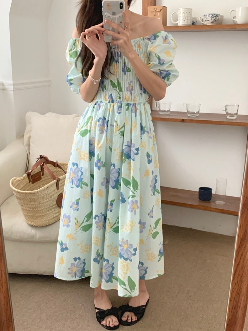 French Romance Light Blue Watercolor Floral Print Smocked Midi Dress