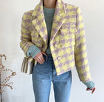 Designer Bubble Gum Houndstooth Cropped Tweed Blazer