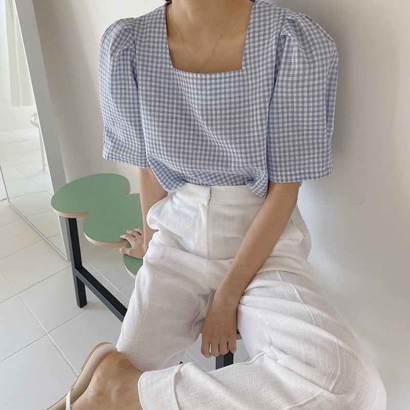 Square Neck Gingham Check Short Sleeve Blouse