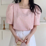 Square Neck Gingham Check Short Sleeve Blouse