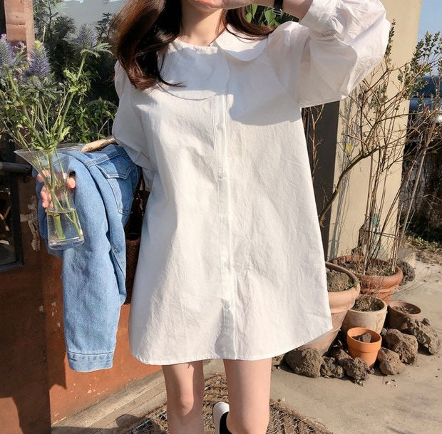 Relaxed Button Down Shirt with Asymmetrical Round Collar