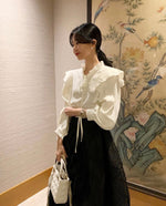 Ruffled Neck Pleated Balloon Sleeve Blouse