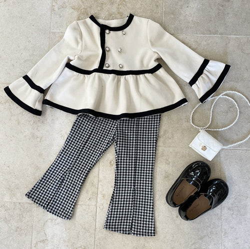 Mom & Daughter ♡ White Peplum Top with Houndstooth Pattern Pants Set