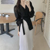 Black & White V-Neck Suit white Pleated Midi Dress