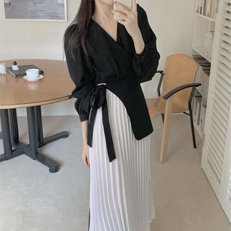 Black & White V-Neck Suit white Pleated Midi Dress