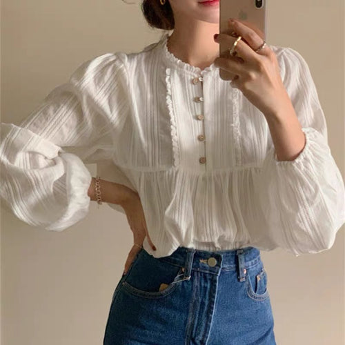 Ruffled Neck Buttoned Blouse