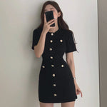 Classic Knitted Fitted Mini Dress with Shiny Metal Buttons